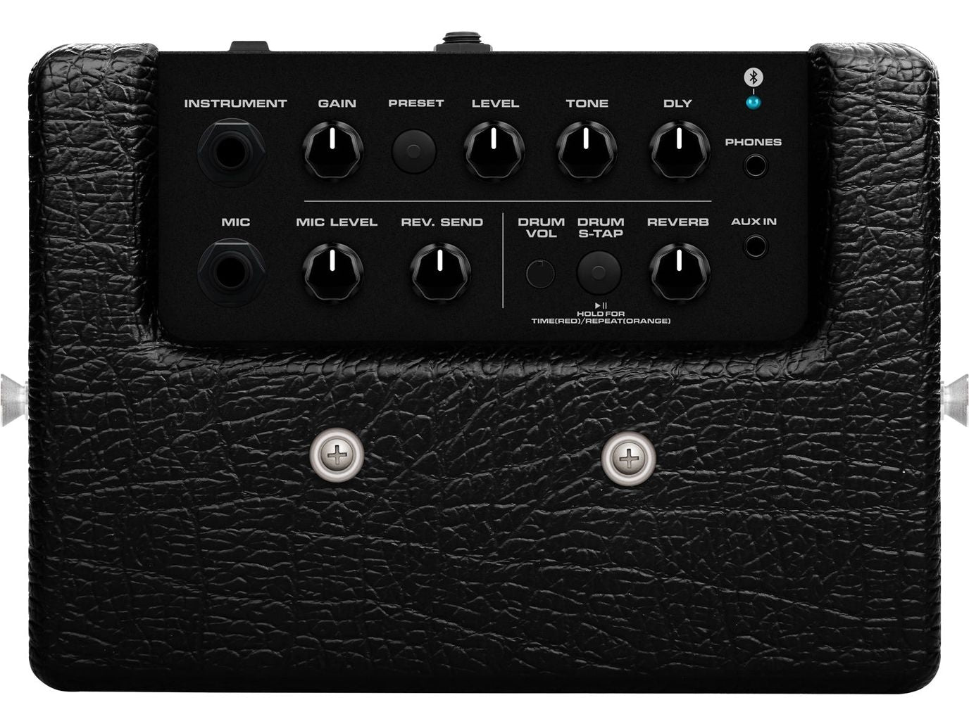 Black guitar amplifier with control knobs on a white background