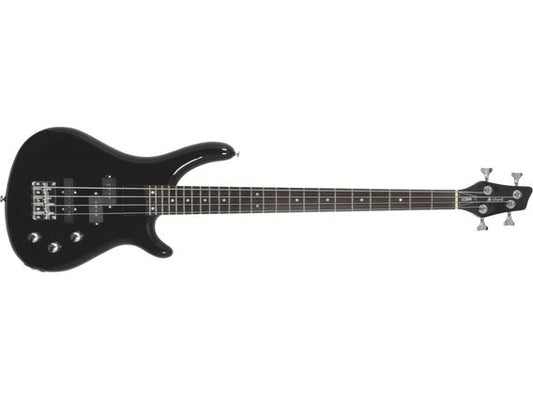Black electric bass guitar on a white background