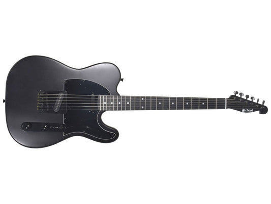 Black electric guitar on a white background