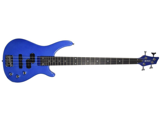 Blue electric bass guitar on a white background