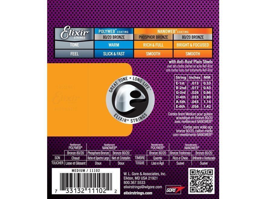 Elixir guitar string packaging with product details on a purple background