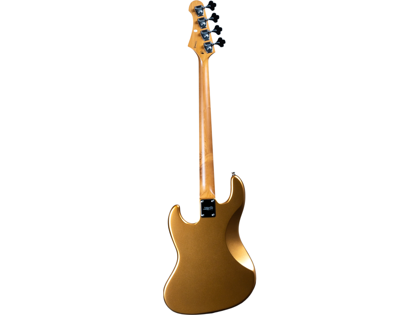 Electric bass guitar with a blonde finish on a white background
