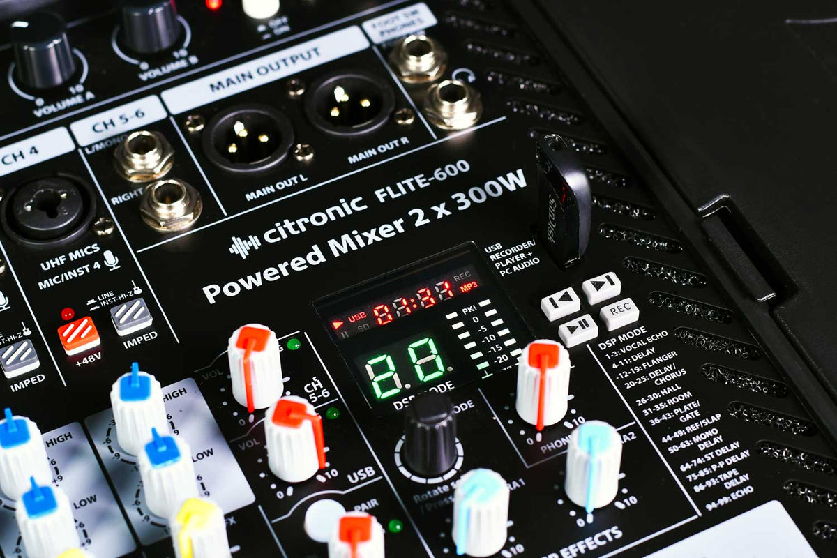 FLITE-600 Powered Mixer + 2 UHF Microphones + DSP