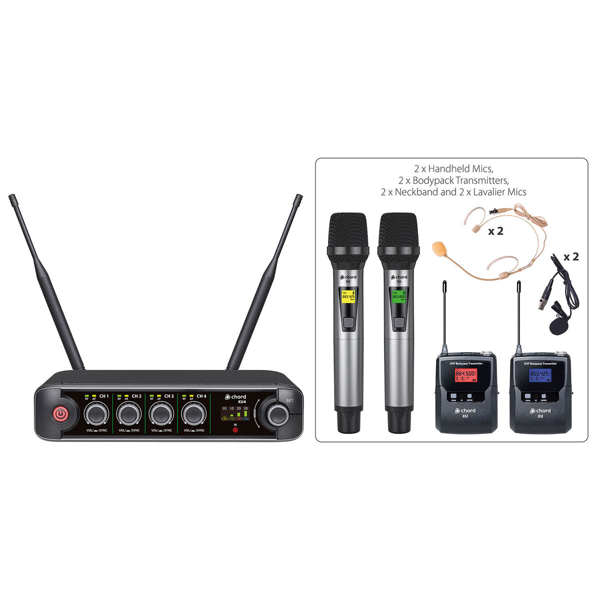 XU4 Quad Combo UHF Microphone System 2 Handheld + 2 Bodypack
