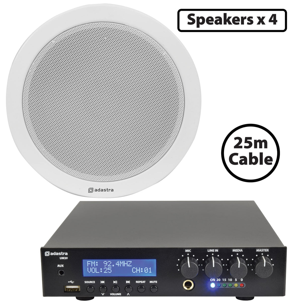 4 x 6W Ceiling Speaker PA with 30W BT/USB Mixer-amp
