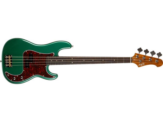 Green electric bass guitar with a brown pickguard on a white background