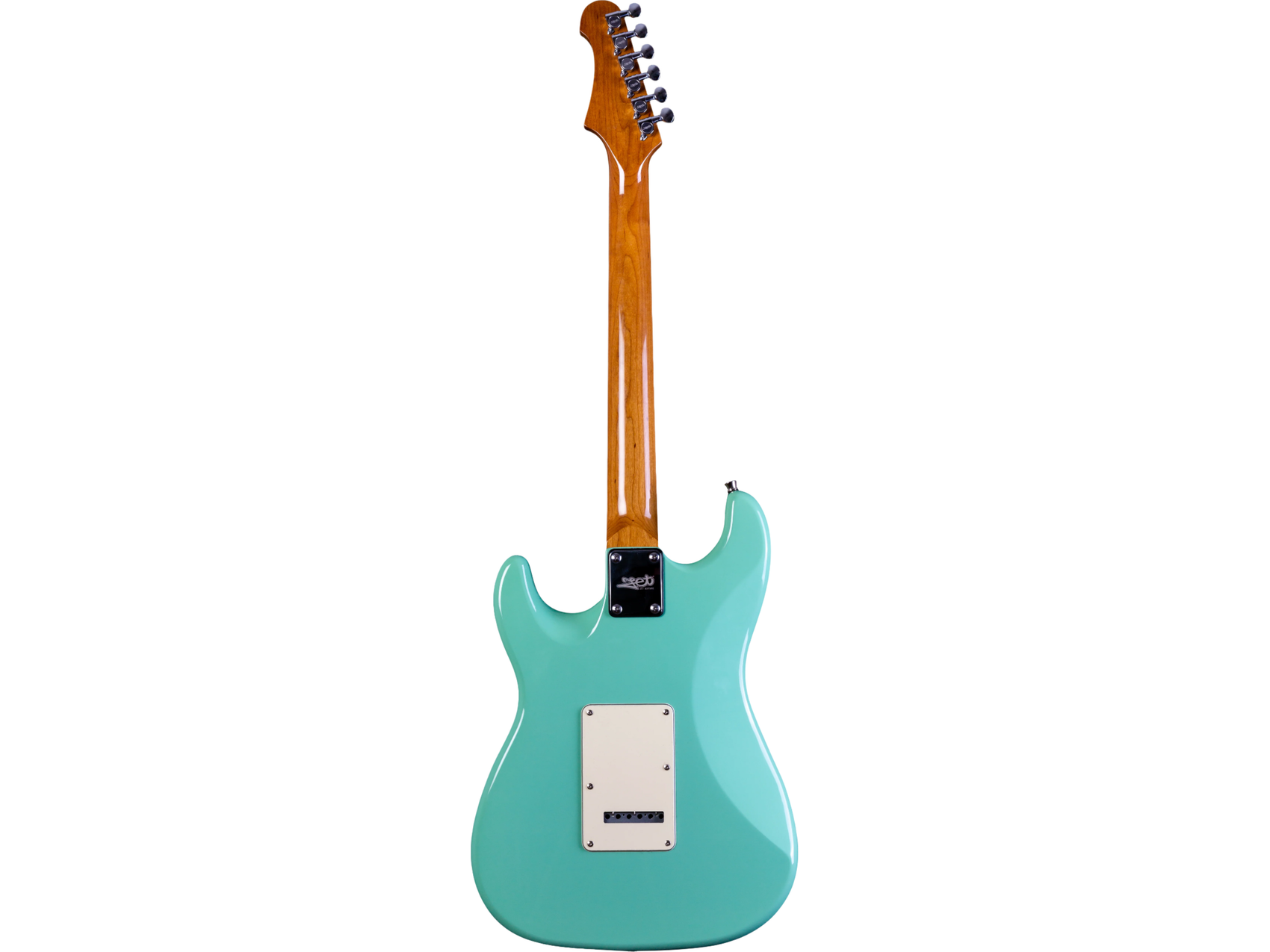 Turquoise electric guitar with a wooden neck on a white background