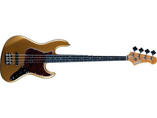 Electric bass guitar with a sunburst finish on a white background