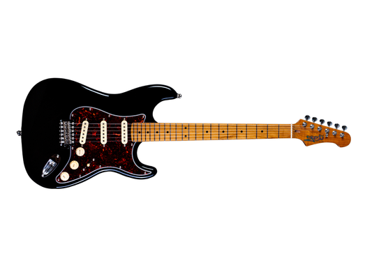Electric guitar with a black body and wooden neck on a white background
