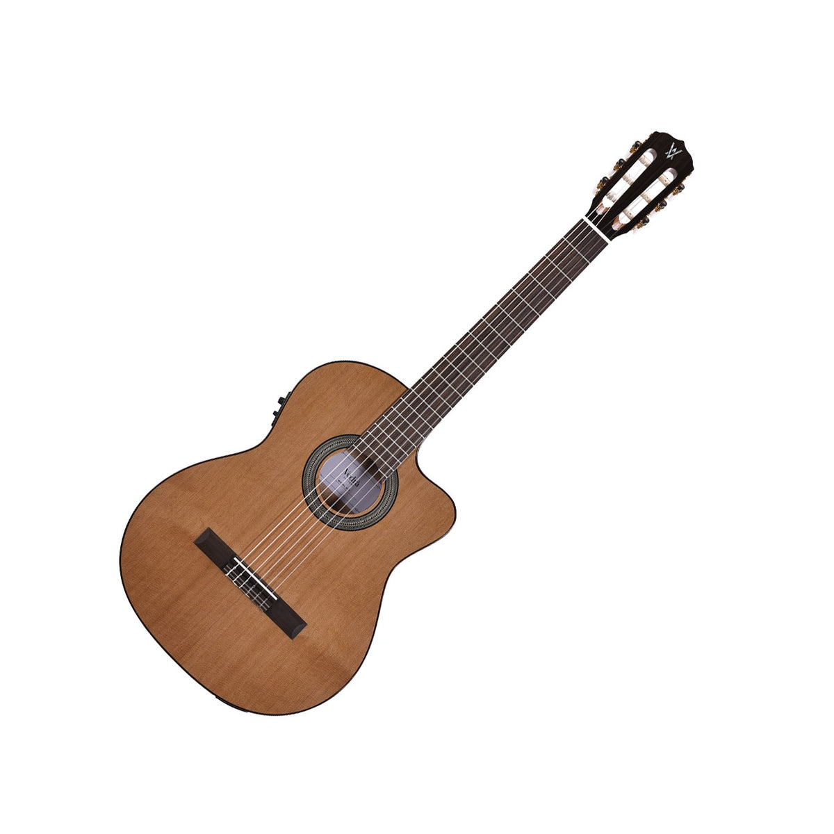 Vedra Model 3CT Solid Cedar Thinline Cutaway Electro-Classical Guitar – Natural Gloss, full guitar angled view