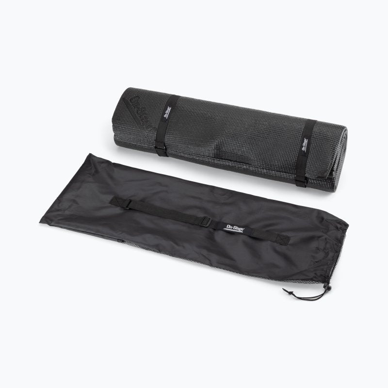 On-Stage DMA4450 4 ft × 4 ft Non-Slip Drum Mat – Black – unrolled with bag