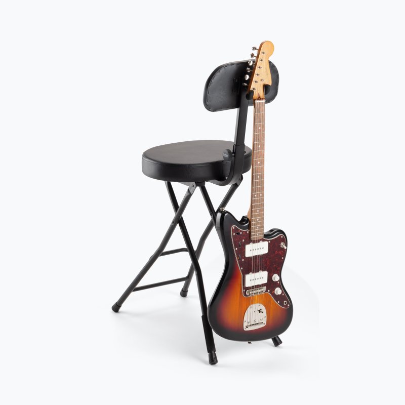 On-Stage DT8000 Guitar Stool with Backrest & Instrument Hanger – Black – with guitar example